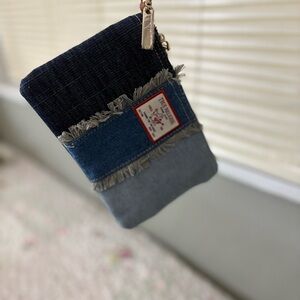 True Religion Denim Patchwork Wristlet - Dark Blue, Medium Blue, Light Blue